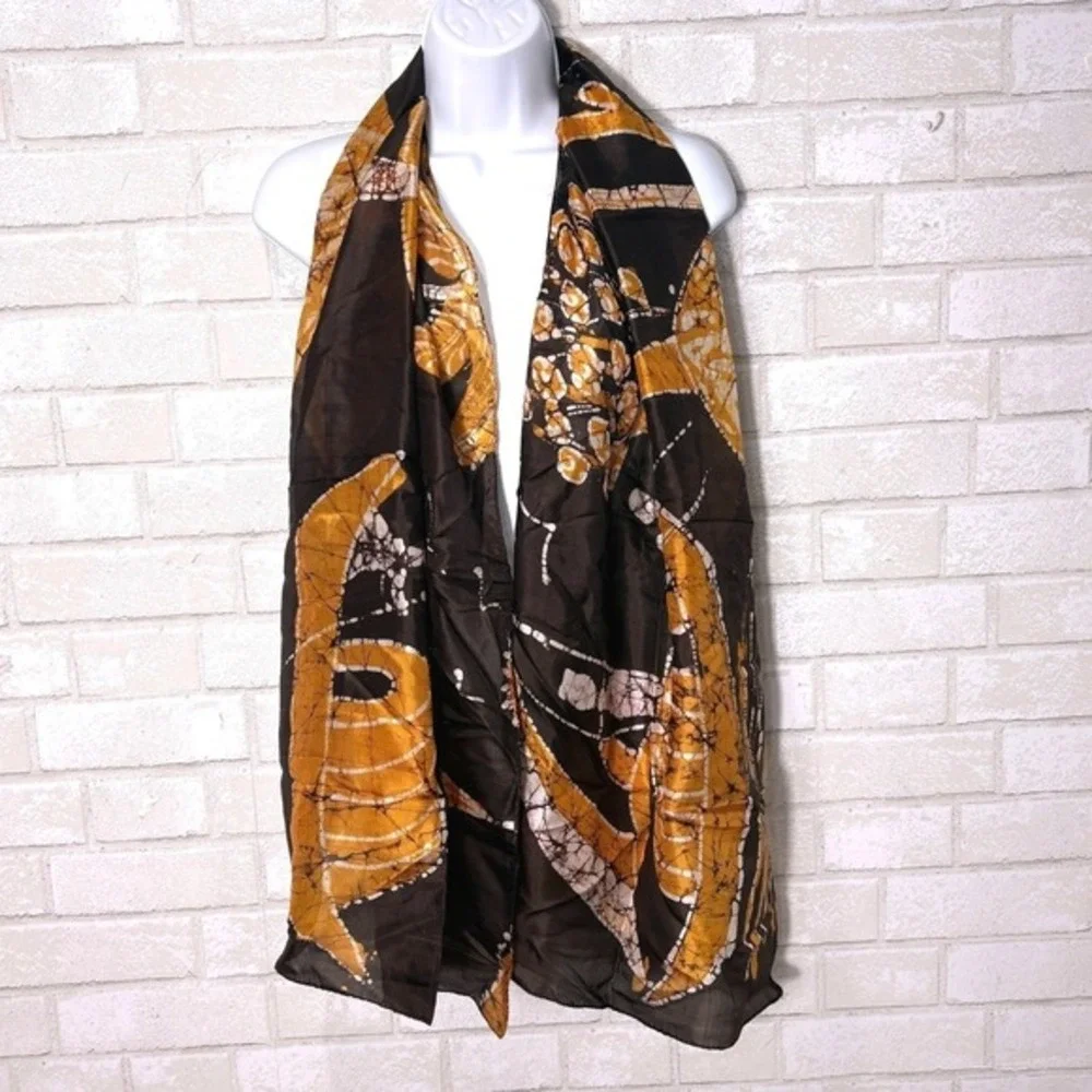 Vintage‎ Silk Scarf Narrative Print Batik Artisan Shawl Wrap Wearable Art Global